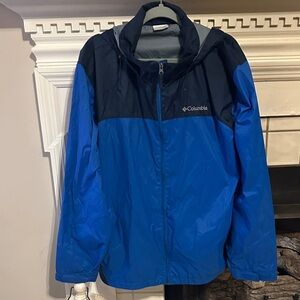 Columbia Men's Two-Tone Blue Raincoat Windbreaker  w/ Hood Sz XL Nice!